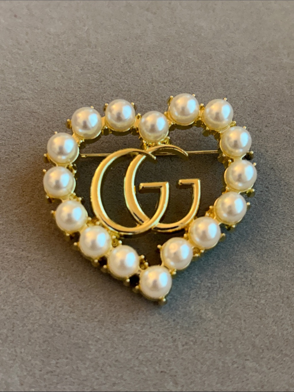 Gold-Tone Heart Brooch with Pearl Trim